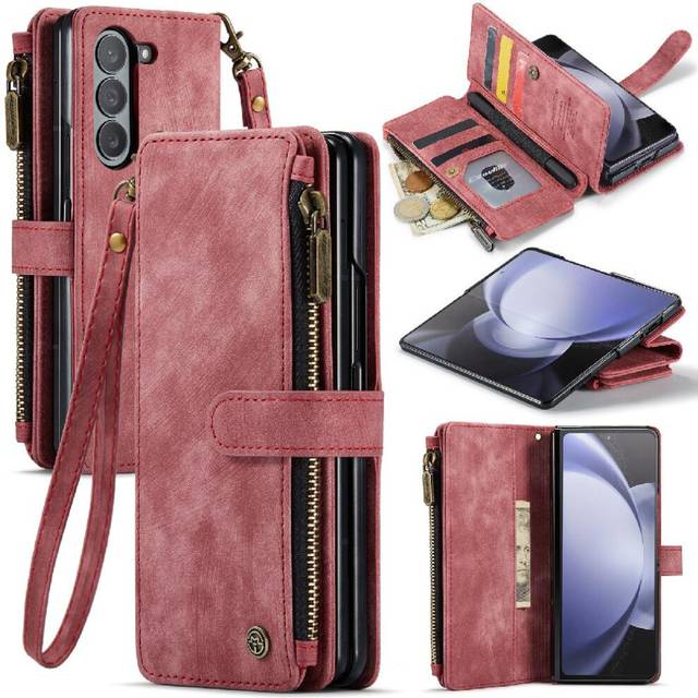 (Red) CaseMe Case For Samsung Galaxy Z Fold 5 5G Wallet Case For Women Men With Card Holder Drivers License Card Slots Drivers License Card Slots