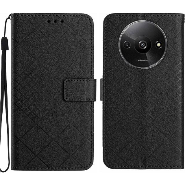 (Black) Flip Case For Xiaomi Redmi A3 With Hand Strap Wallet PU Leather Card Slot Stand Diamond Embossed Magnetic Cover