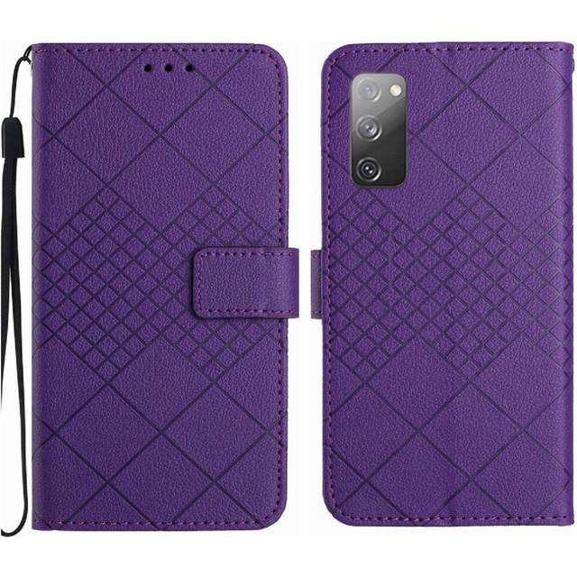 (Purple) Flip Case For Samsung Galaxy S20 FE Wallet PU Leather Diamond Embossed Magnetic Cover With Hand Strap Card Slot Stand