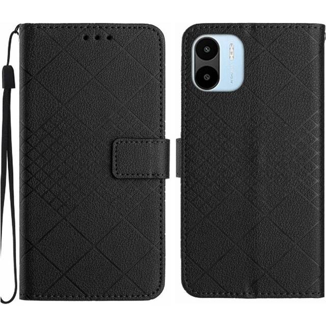 (Black) Flip Case For Xiaomi Redmi A1/A2 Diamond Embossed Magnetic Cover Wallet PU Leather With Hand Strap Card Slot Stand