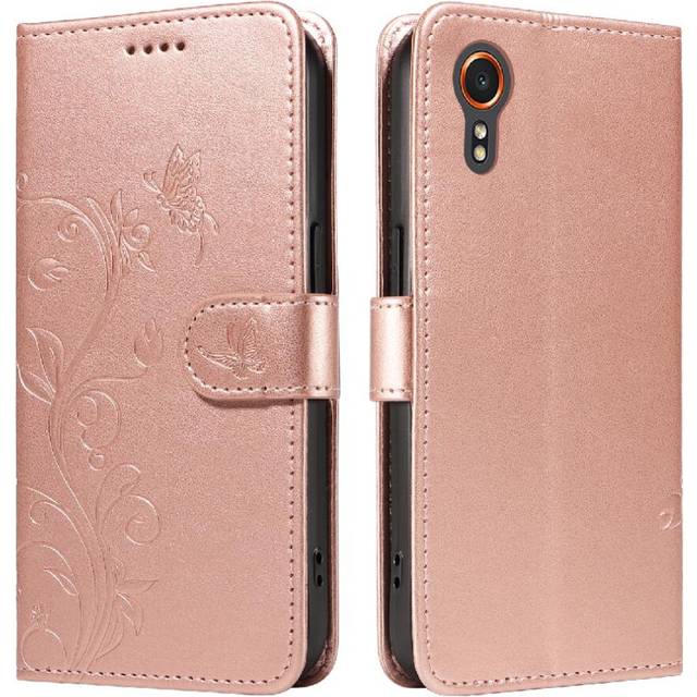 (Pink) Flip Case For Samsung Galaxy X COVER 7 5G And Card Slot Embossed Butterfly High Quality Leather Wallet Phone Case With Hand Strap