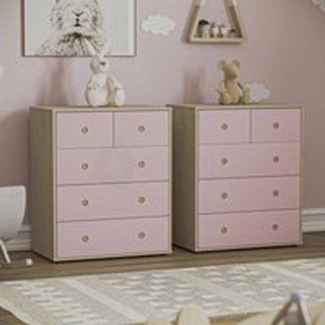 Junior Vida Neptune 5 Drawer Chest Set of 2 Chest of Drawers Kids Storage Bedroom Furniture - Pink - One Size