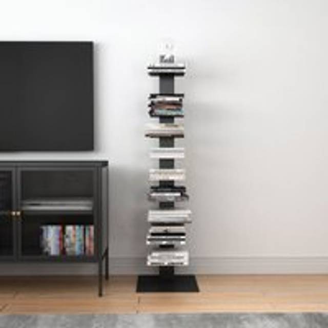 Hallowood Furniture - Tall Black Metal Bookshelf, Slim Ladder Shelf Bookcase, Tower Media Display Shelves for CDs & DVDs, Tall Bookcase, Ladder