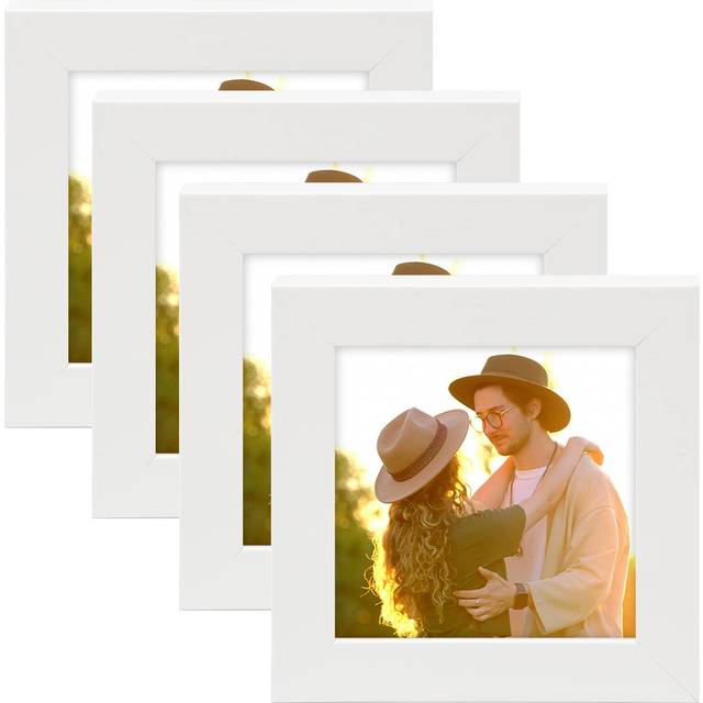 Golden State Art  Set of 4  4x4 Picture Frames  Smartphone Instagram Frame Collection  Square Wood Frames with Tempered Glass  White
