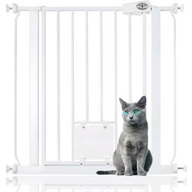 Bettacare - Pet Gate with Lockable Cat Flap, 75cm - 83cm, White, 75cm in Height, Dog Safety Barrier with Cat Flap