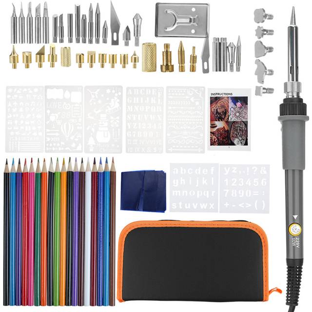 37PCs Wood Burning Pyrography Pen Kit Tools 60W Adjustable Temperature with Tips Letters EU Plug
