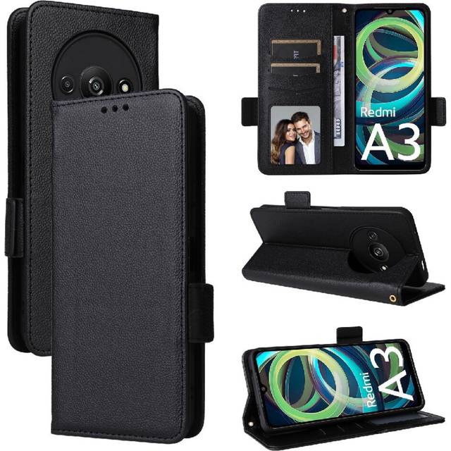 (Black) Case for Xiaomi Redmi A3 Wallet Magnetic Side Buckle Pu Leather Card Slots Holder