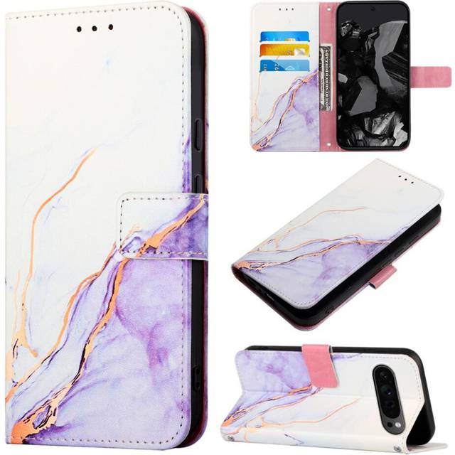 (Purple) Case For Google Pixel 9 Pro Wallet PU Leather Marble Pattern Kickstand