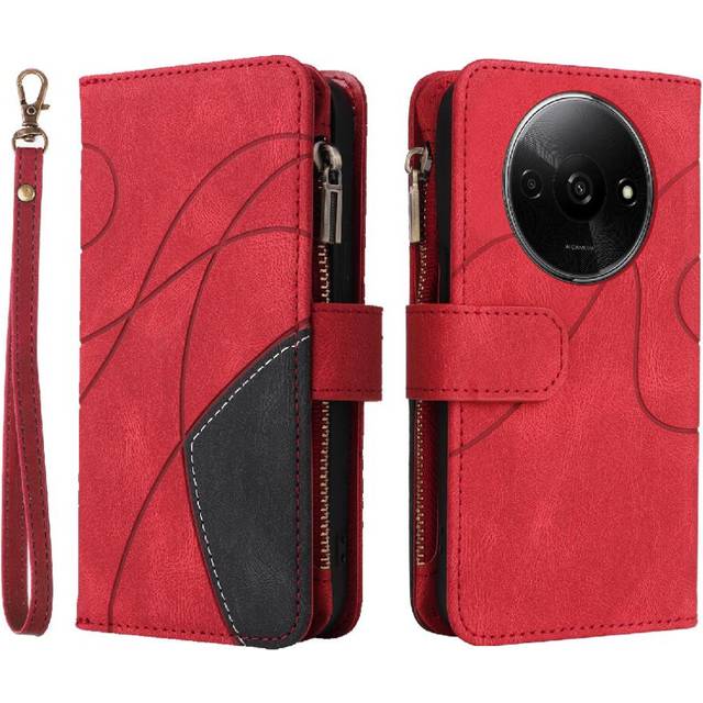 (Red) Case For Xiaomi Redmi A3 Nine Card Slots With Card Slot Stand Kickstand Protective Two-color Stitching Zipper Wallet Style