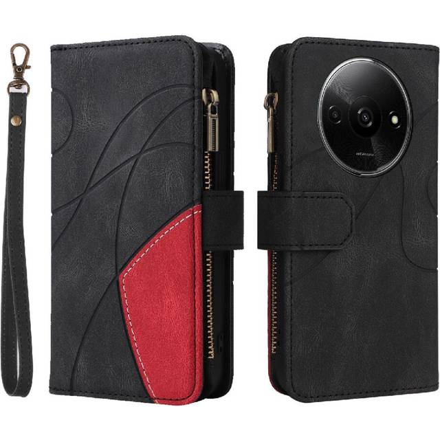 (Black) Case For Xiaomi Redmi A3 Nine Card Slots With Card Slot Stand Kickstand Protective Two-color Stitching Zipper Wallet Style