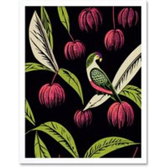 Wall Art Print Parrot in Tree Fruit Bright Green and Pink Black Colour Linocut Modern Vintage Art Framed - White - W12 inch x H16 inch