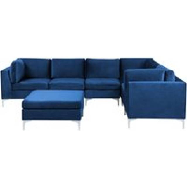 Beliani Left Hand 6 Seater Modular Velvet Corner Sofa With Ottoman Blue Evja, Blue