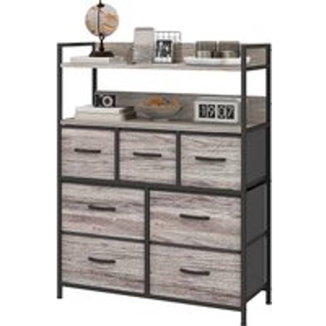Homcom Rustic Chest Of Seven Fabric Drawers - Grey Wood Effect