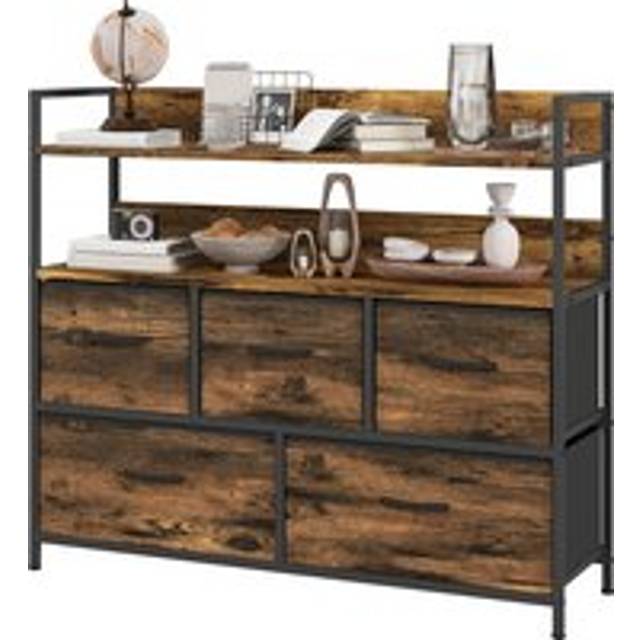 Homcom Rustic Chest Of Five Fabric Drawers - Brown Wood Effect