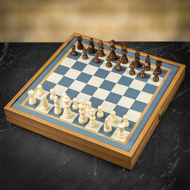 Manopoulos 2-in-1 Turquoise Chess & Backgammon Set - Medium - can be Engraved or Personalised - add a Personalised Brass Plaque - Mixed Wood