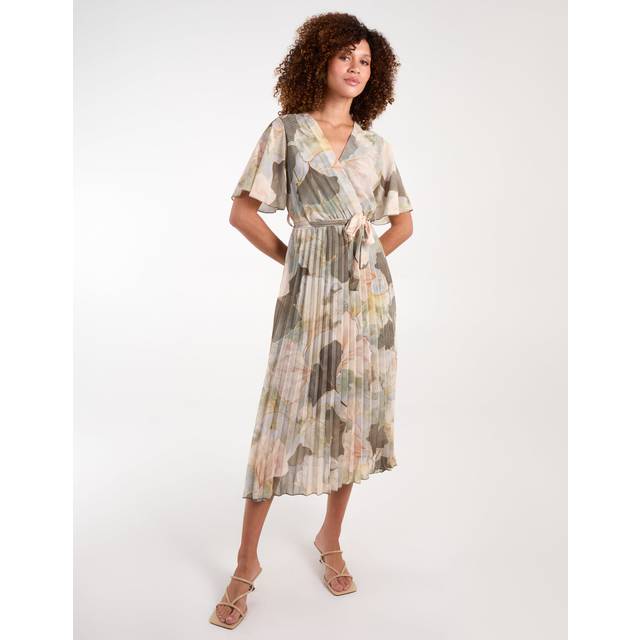 Shell Print Pleated Crossover Dress - Khaki - Large - Blue Vanilla