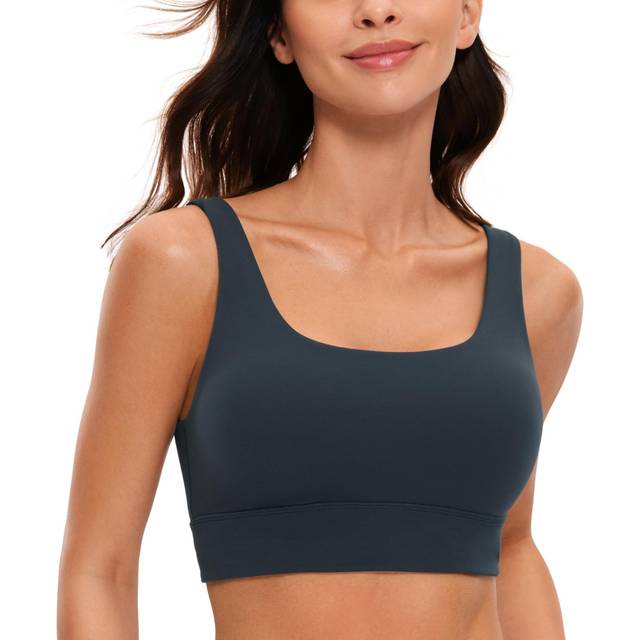 CRZ YOGA Butterluxe Womens U Back Sports Bra - Scoop Neck Padded Low Impact Yoga Bra Workout Crop Top with Built in Bra True Navy Medium