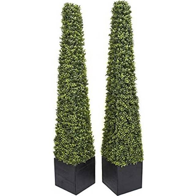 GreenBrokers 2x Artificial Boxwood Topiary Pyramid Trees in Black Square Planter (5ft/150cm), 5ft