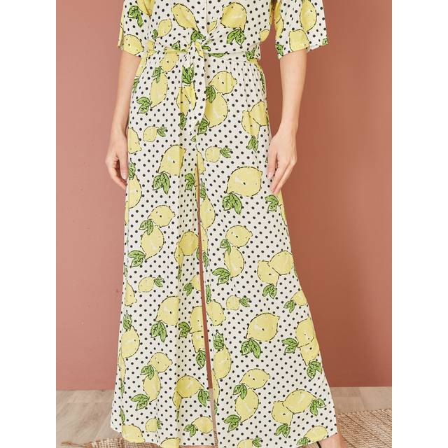 Mela Women's White Lemon-Print Wide Leg Trousers New Look - UK 8