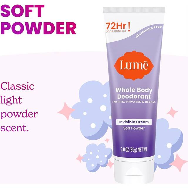 Lume Whole Body Deodorant - Invisible Cream Tube - 72 Hour Odor Control - Aluminum Free  Baking Soda Free  Skin Safe - 3.0 ounce (Soft Powder)