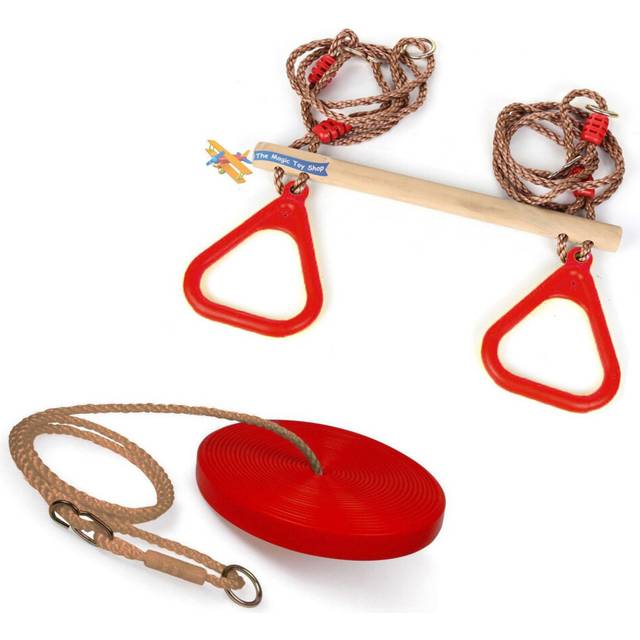 The Magic Toy Shop - Set of Wooden Trapeze Monkey Bar Swing & Plate Disc Rope Swing Seat Garden Toy