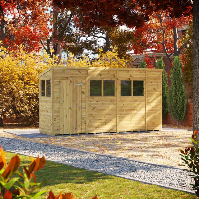 Powersheds 14 x 4ft Premium Pressure Treated Timber Pent Garden Shed - Green (433.2cm W X 130.8cm D X 224.8cm H)