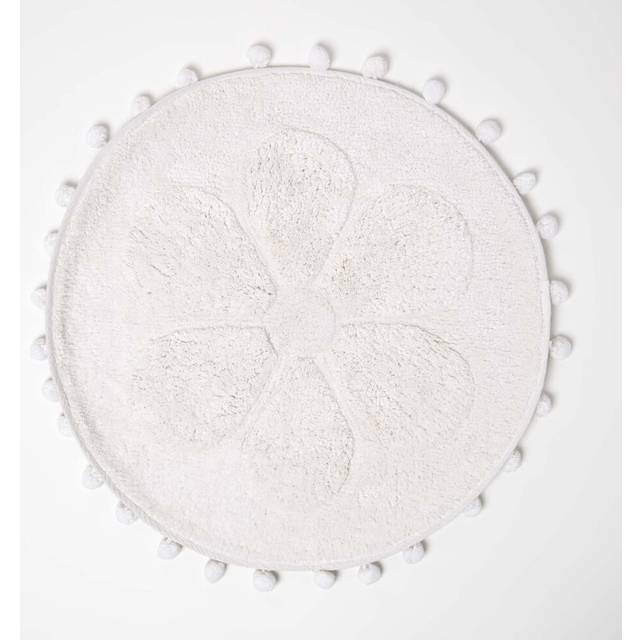 Homescapes Floral White 100% Cotton Bath Mat with Pom Pom Edges, 60cm Round, Machine Washable, Super Absorbent, Soft and Tufted, Textured Reverse