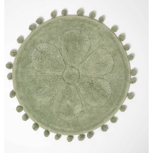 Homescapes Floral Sage Green 100% Cotton Bath Mat with Pom Pom Edges, 60cm Round, Machine Washable, Super Absorbent, Soft and Tufted, Textured Reverse