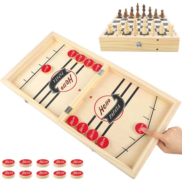 HELLO PAPAYA Fast Sling Puck Game Wooden Hockey Game Desktop Battle Sling Hockey Table Game Adults or Kids Slingshot Board Game Parent-Child Interacti