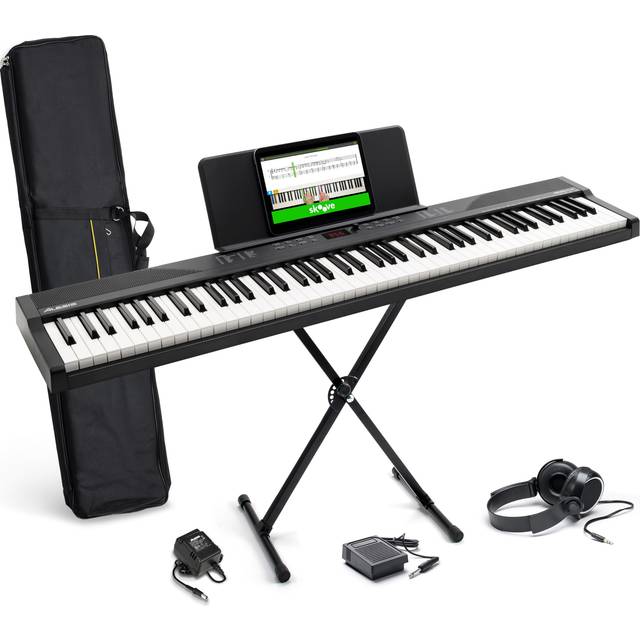 Alesis 88 tangenters tangentbordspiano med 480 ljud, högtalare, USB MIDI, bärväska, stativ, hörlurar, pedal, pianolektioner för nybörjare