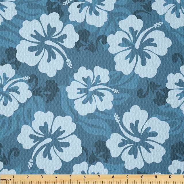 Devonta Hawaiian Hibiscus Flowers and Leaves Exotic Hawaii Island Multi-Purpose Fabric - Pale Blue (500cm L X 148cm W)