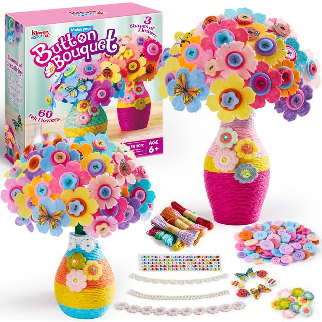 Button Flower Craft Kit for Kids with 2 Vases - Make Your Own Flower Bouquet with Button and Felt - DIY Flower Kits Art and Crafts Gift for Boys Girls