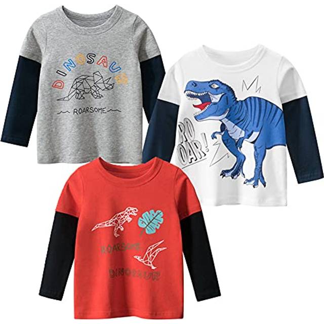 SUPFANS Toddler Boys Long Sleeve T-Rex Shirts 100% Cotton Dinosaur T-Shirts C-3 Pack  3T