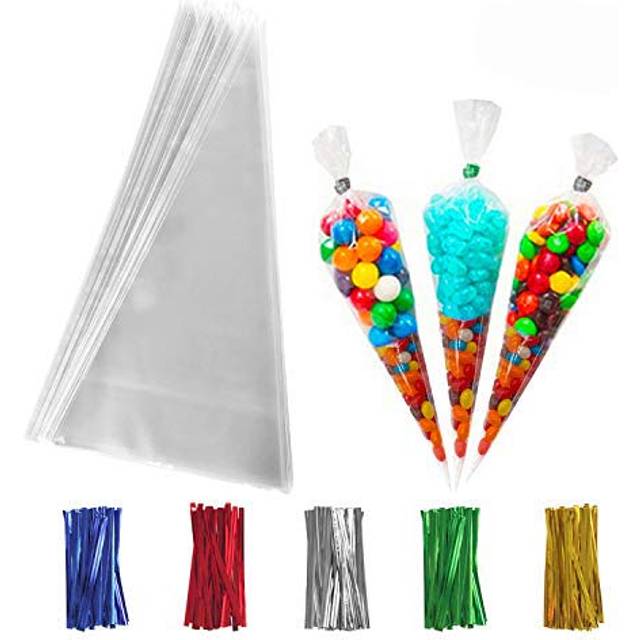 200 PCS Clear Cone Treat Bags Cellophane Cone Treat Bags Plastic Cone Bags Triangle Bags with 200 PCS Twist Ties 5 Mix Colors for Favor Candy Popcorn