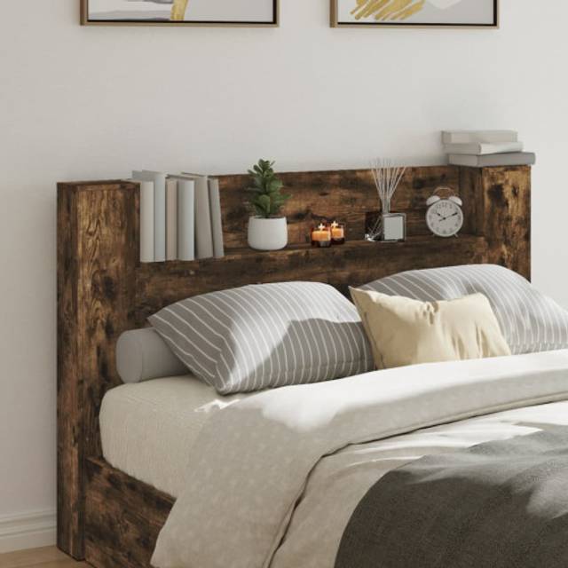 vidaXL Headboard Cabinet with LED Smoked Oak 160x16.5x103.5 cm - Brown