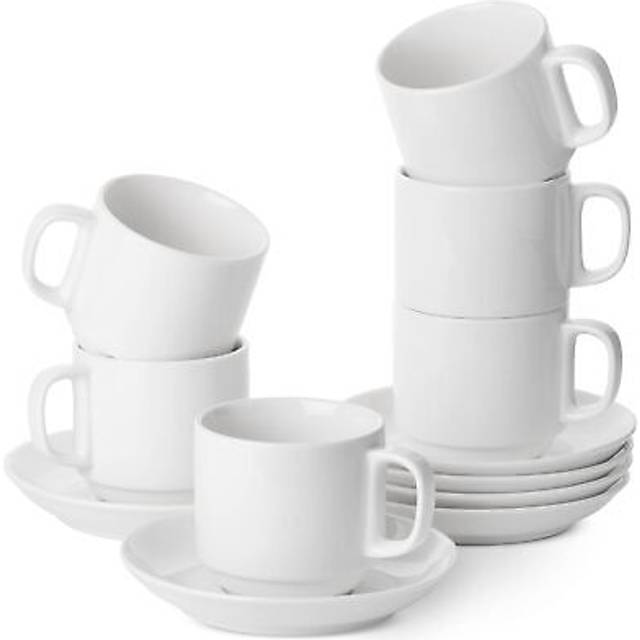 BTaT- Stackable Tea Cups and Saucers  White  Set of 6 (8 oz)  Cappuccino Cups  Coffee Cups  White Tea Cup Set  British Coffee Cups  Porcelain Tea Set