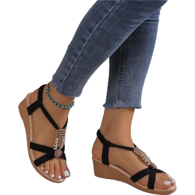 SHEIN Women Wedge Sandals, New , Summer Casual Handmade Beaded Mid Heel Open Toe Sandals, Black [Size Runs Small, Please Order One Size Up From Your Usual S