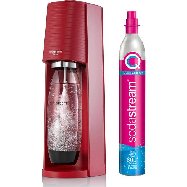 SodaStream Terra bästsäljande mousserande vattenmaskin | förpackning 1 l flaska + 1 x 60 l gasrefill för att klämma fast | röd