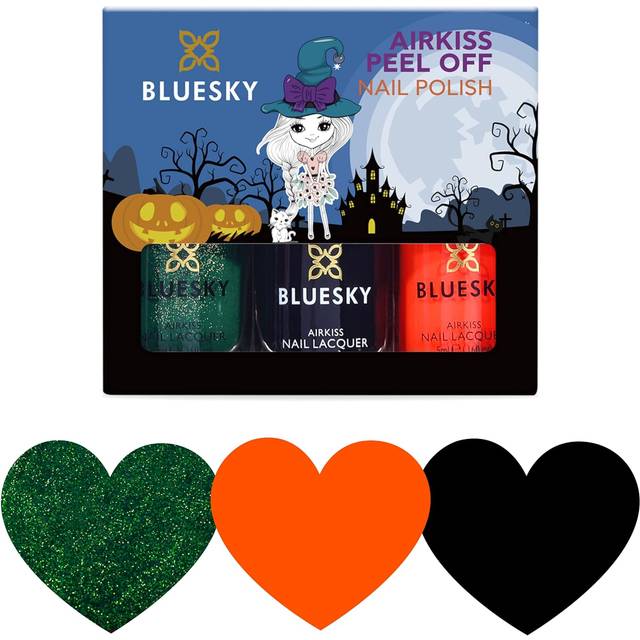 Bluessky Kids Nail Varnish Set - Halloween Collection. Svart, grönt, orange, enkel skal-off, giftfri, vattenbaserad, odourfri nagellack för barn, presentuppsättning, 3 x 5 ml med klistermärken