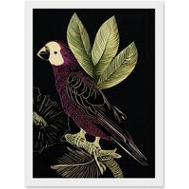 Burgundy Parrot Leaves Tree Branch on Black Vintage Linocut Illustration Artwork Framed Wall Art Print A4 - White - One Size