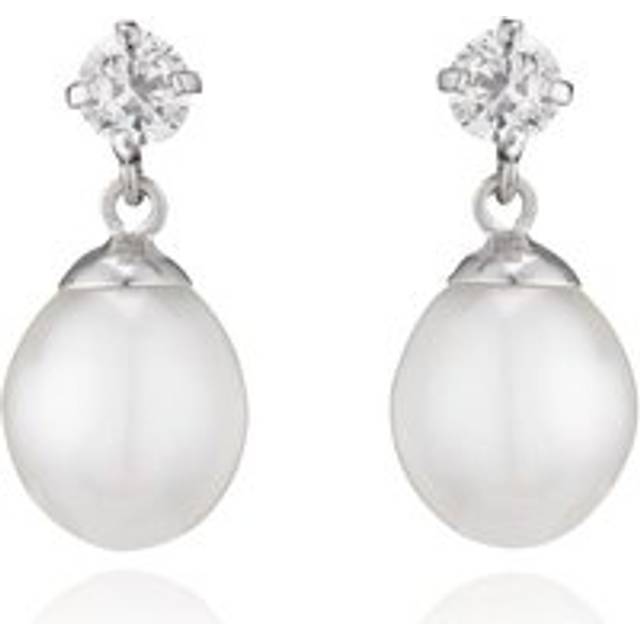 9ct White Gold Cubic Zirconia Freshwater Cultured Pearl Drop Earrings