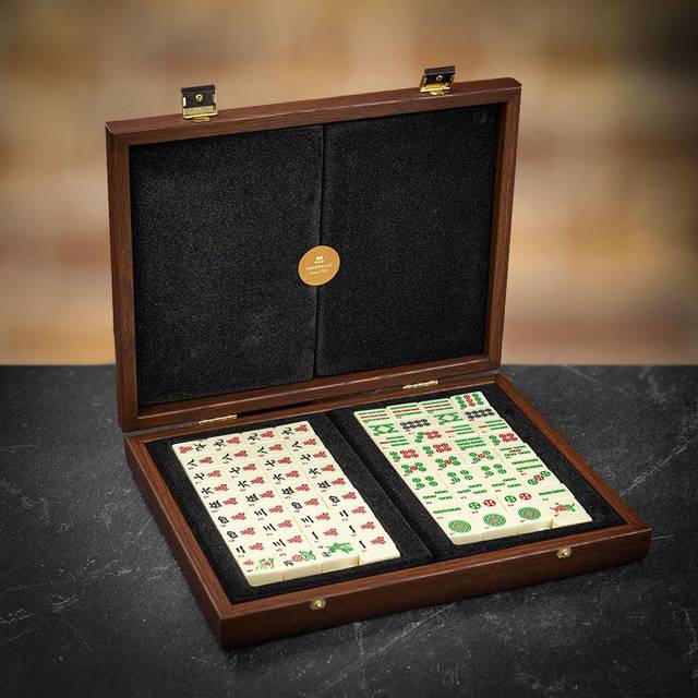 Manopoulos Limited Edition Mah Jongg Tiles in Wooden Case - California Burl - Dark Wood