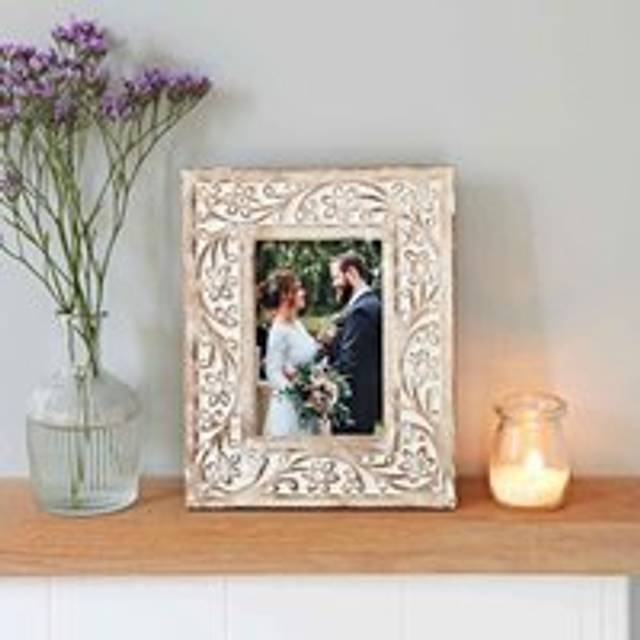 Iksu Antique White Floral Mango Wood Photo Frame - Natural - Small