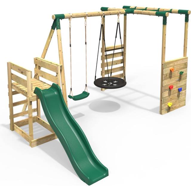 Rebo - Wooden Children's Swing Set with Monkey Bars plus Deck & 6ft Slide - Double Swing - Satellite Green