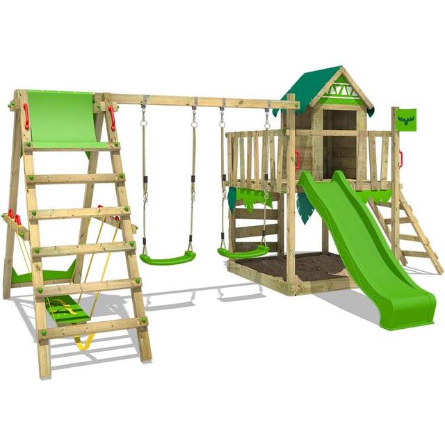 Fatmoose - Wooden climbing frame JazzyJungle with swing set SurfSwing and slide, Playhouse on stilts for kids with sandpit, climbing ladder &