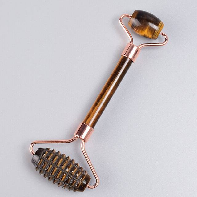 (a-tiger eye no box) Rose Gold Sawtooth Face Roller Gua Sha Tool Massage Set Natural Jade Acupuncture Scraping Body Healing White Stone Massager Care