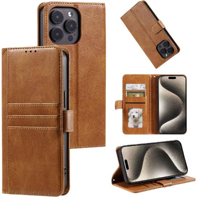 (Brown) Flip Case for iphone 15 Pro Max 6 Card Slots Kickstand Pu Leather Wallet