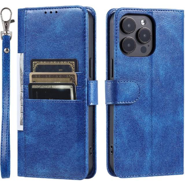 (Light blue) Flip Case for iphone 15 Pro Max 6 Card Slots Kickstand Pu Leather Wallet