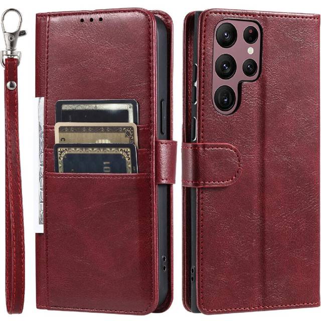 (Red) Flip Case for Samsung Galaxy S22 Ultra Pu Leather Wallet 6 Card Slots Kickstand