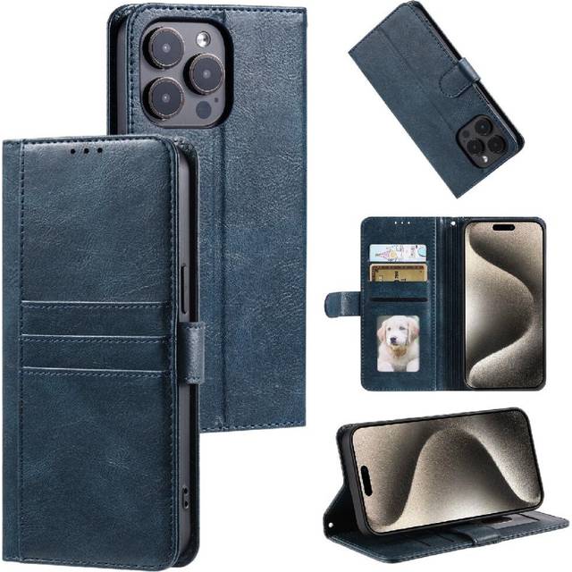 (Blue) Flip Case for iphone 15 Pro Max 6 Card Slots Kickstand Pu Leather Wallet